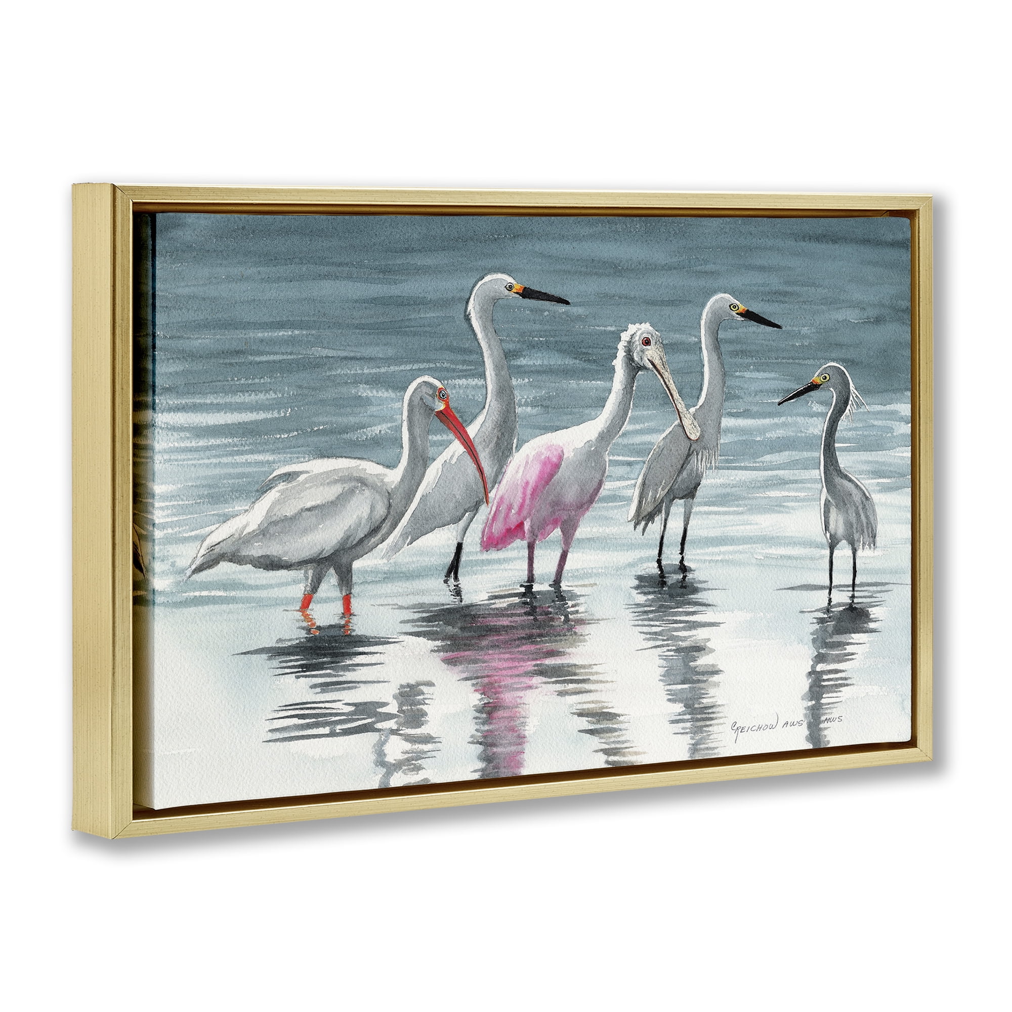 Stupell Industries Herons Stepping in Shore Animals & Insects Painting Gold Floater Framed Canvas Art Print Wall Art, 25 x 17