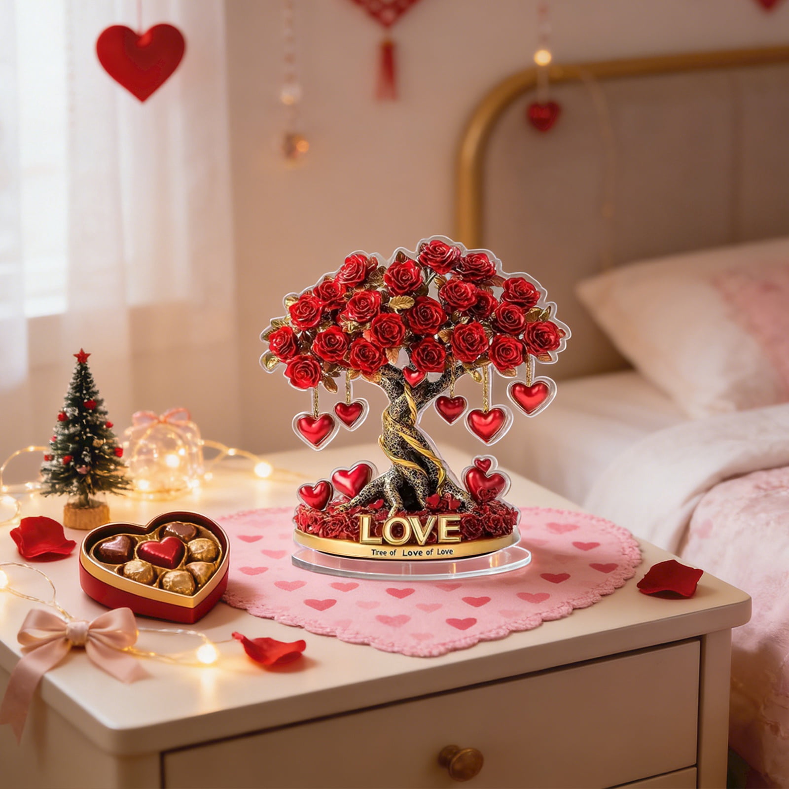Valentine's Day Rose Tree with Heart Table Decoration,2D Flat Acrylic Ornament for Desktop Mantel Kitchen Decor Holiday Winter Party Gifts