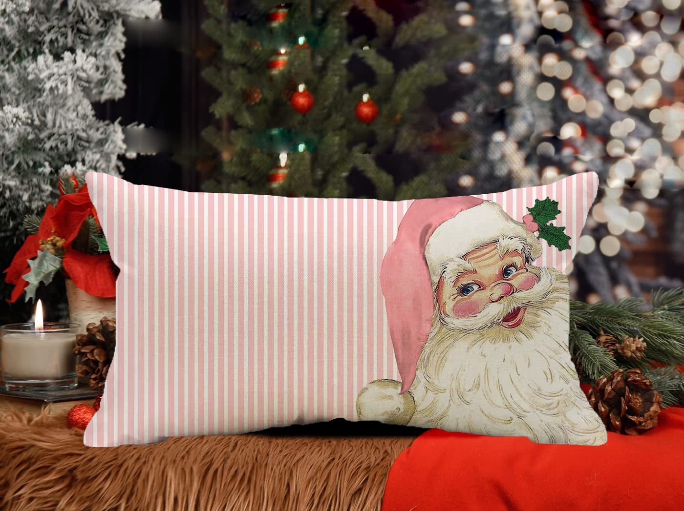 The Holiday Aisle® Christmas Pillow Covers 12X20 Set Of 4 For Christmas  Decorations Santa Claus Christmas Tree Reindeer Pink Bow Polka Dots Stripes Christmas  Pillows Throw Pillow Covers Christmas Farmhouse Decor