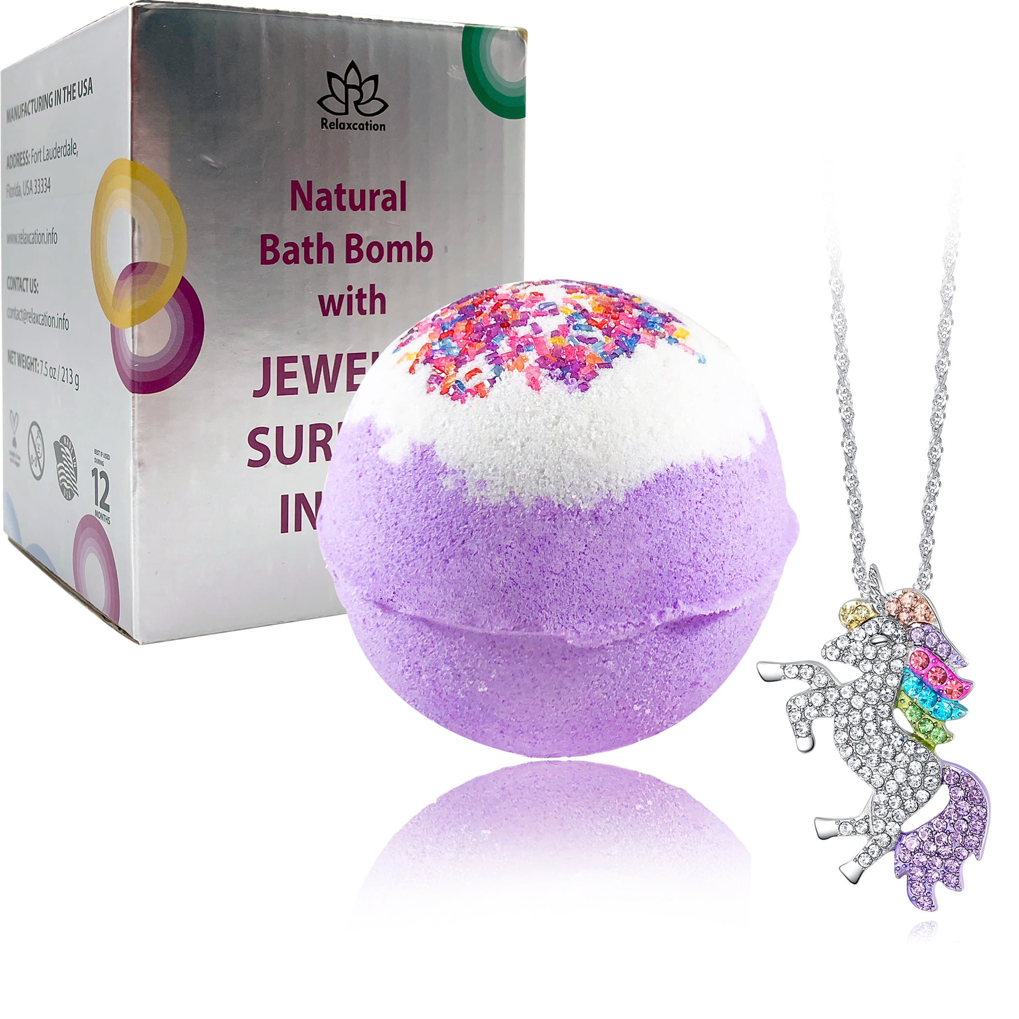 Unicorn Bubble Bath Bomb with Unicorn Necklace Inside. Extra Large Bath Ball (8 oz) in Giftable Box, 100% Natural Ingredients for Sensitive Skin. Perfect Gift on Easter, Birthday, Mother Day, Xmas