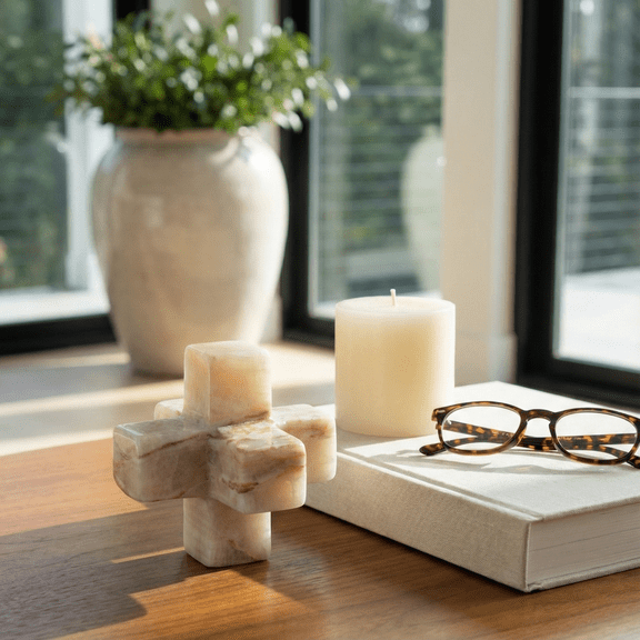 Marble Jack Sculpture for Living Room Decor - Decorative Home Accent for Coffee Table, Shelf Styling, and Office Desk - Statue Ornament for Bathroom and Bedroom Decor - 4", White & Tan