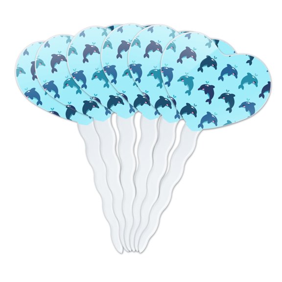 Cute Kawaii Dolphins Pattern Heart Love Cupcake Picks Toppers Decoration Set of 6