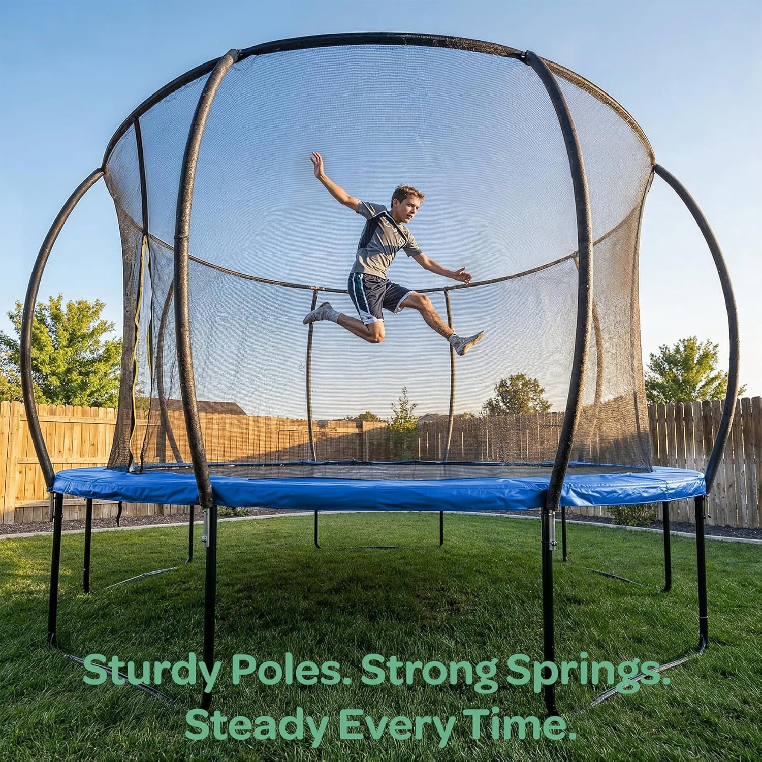 JoyBerri Outdoor Trampoline with Safety Enclosure, Ladder, LED Lights & Sprinkler – ASTM Certified, Rust-Resistant Steel Frame – Sizes 15F - Blue