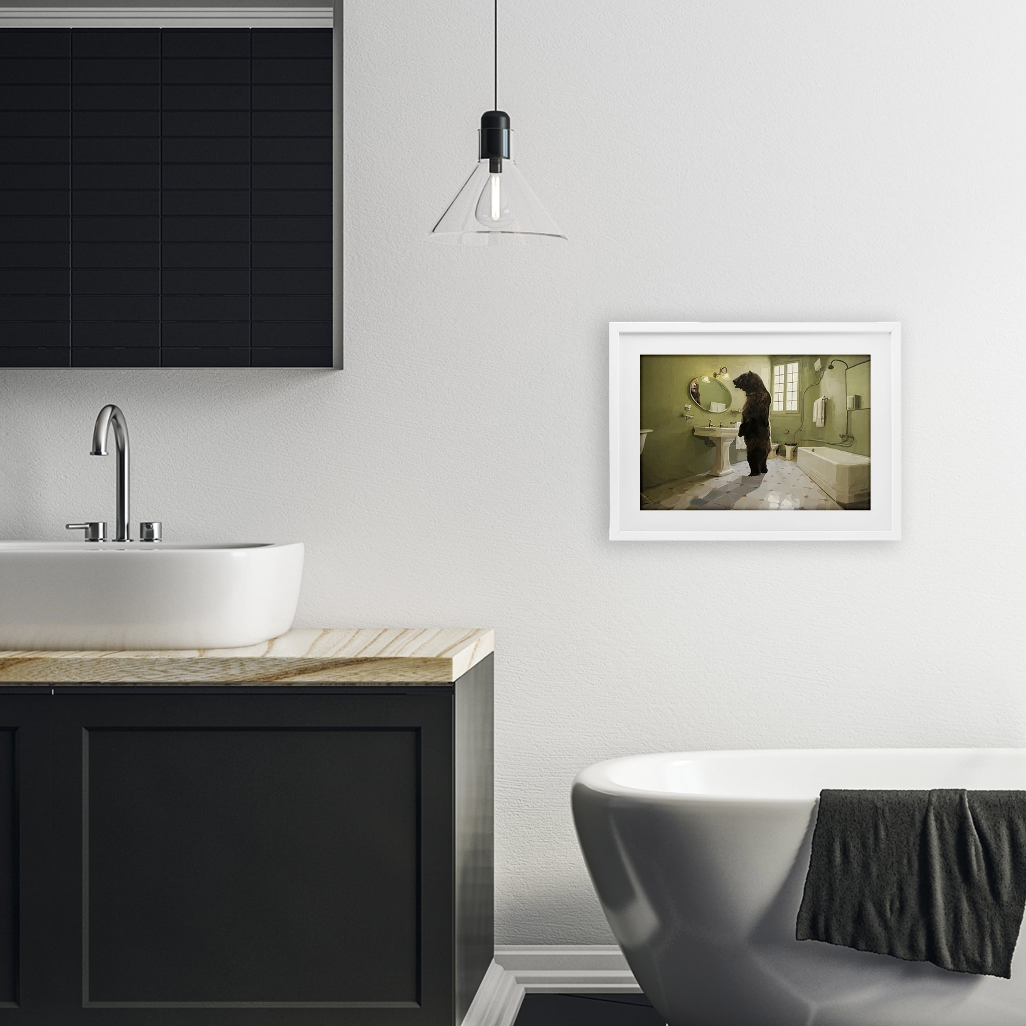 The Houseguest Bear in Bathroom White Framed Print Under Glass, design by Keith Thomson