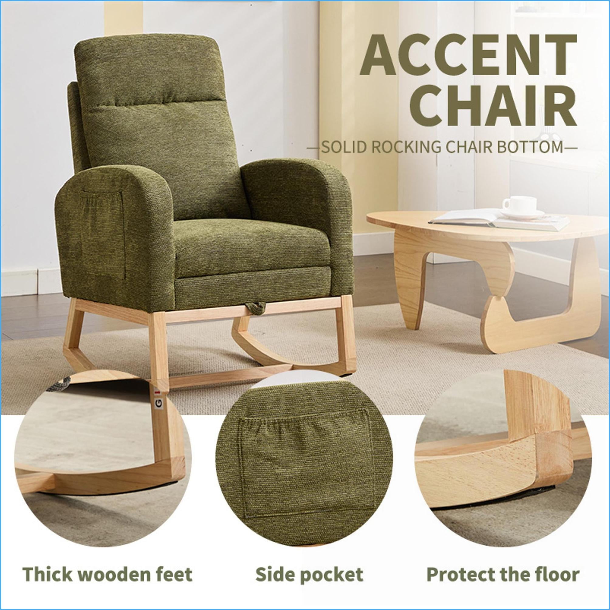 Rocking Chairs Modern Nursery Glider with Solid Wood Legs, High Backrest & Side Pocket | Teddy Polyester Blend