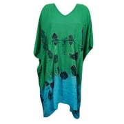 Mogul Boho Chic Green Caftan Printed Kimono Sleeves Women's Ethnic Beach Cover Up