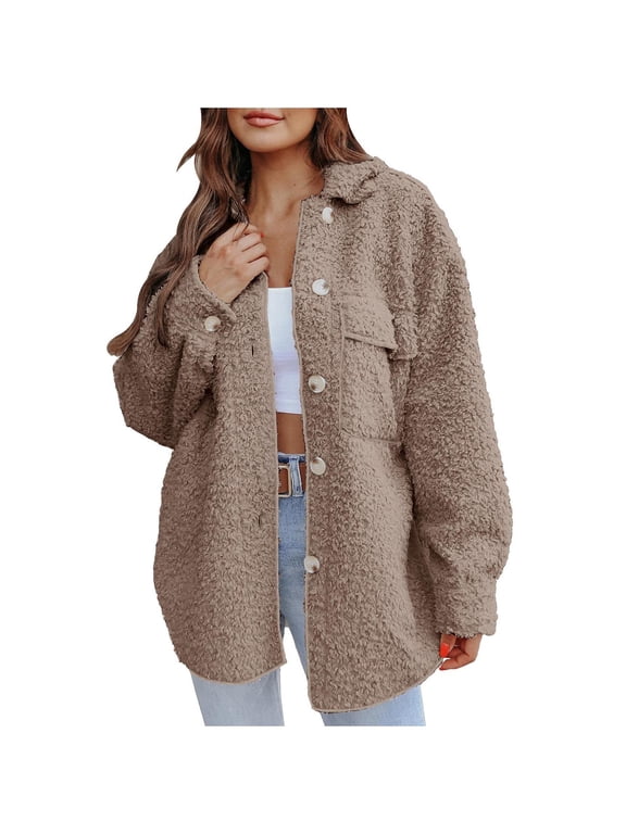 Women's Jacket Solid Button Turndown Collar Pocket Loose Button Down Warm Medium And Long Coat for Winter Coffee M