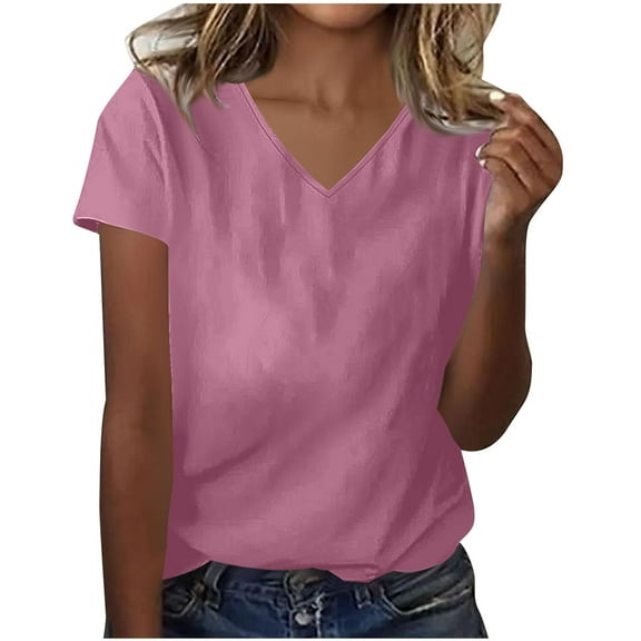 Mittory Women Summer Tops Cotton V Neck Short Sleeve T Shirts for Women Plain T-Shirt Basic Tees