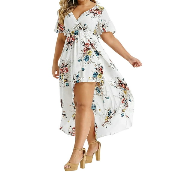 DYMADE Women's Summer Vocation Bohemian Floral Print Short Sleeve V-Neck Wrap Plus Dresses