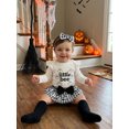 thumbnail image 5 of RUINIXCW Newborn Baby Girl My First Halloween Outfit Infant Baby Girls Fall Clothes Flying Sleeve Letter Pumpkin Ghost Print Romper Tiered Skirt Skort Headband Socks 4pcs Sets, 5 of 9