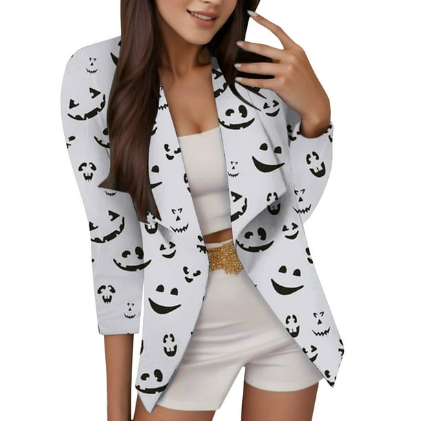 Chaqueta Elegante Tops adelgazantes versátiles exquisitos a la moda con estampado divertido de Halloween para mujer,blazer moda(Blanco, S)