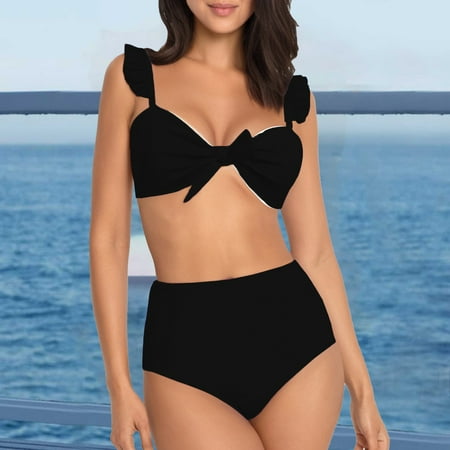 High Waisted Bikini Tween Women Swimsuit Two Piece Bikini Sets With Chest Pad Black Women Blending Bikinis XL