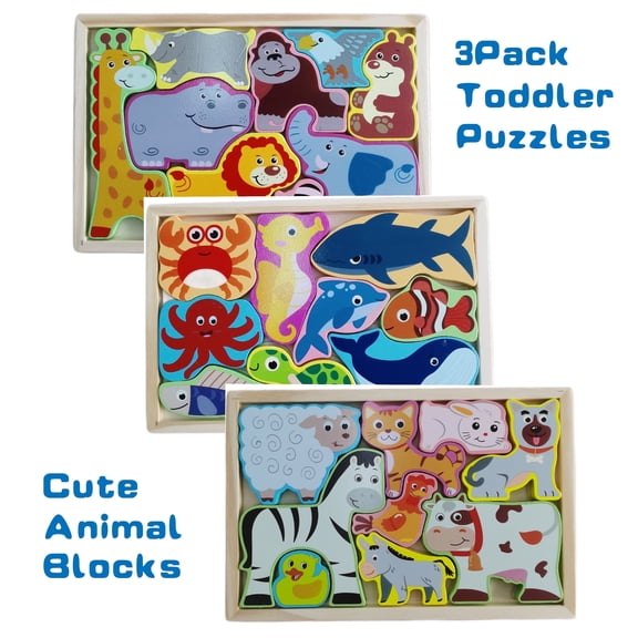 Wooden Animal Puzzles for Toddlers, Montessori Toddler Toy Puzzles, Cute Wooden Animal Jigsaw Puzzle Toys, Set of 3