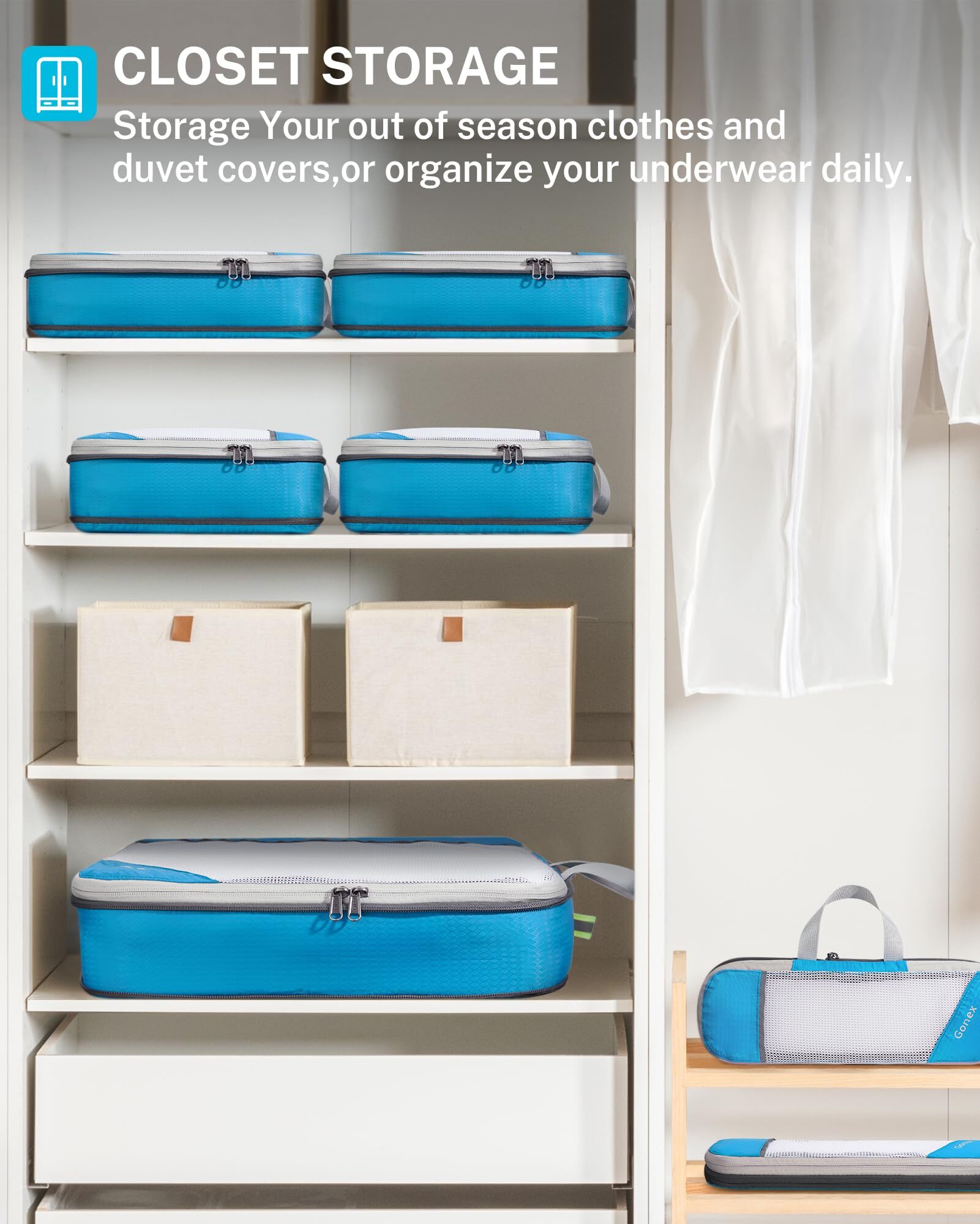 Gonex 6 Set Compression Packing Cubes, Blue Mesh Organizers photo 8