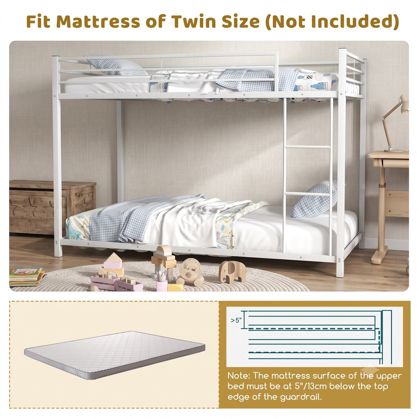 Furnibear Low Profile Twin Over Twin Metal Bunk Bed with Full-length Guardrails and Ladder for Kids and Shared Bedrooms, White