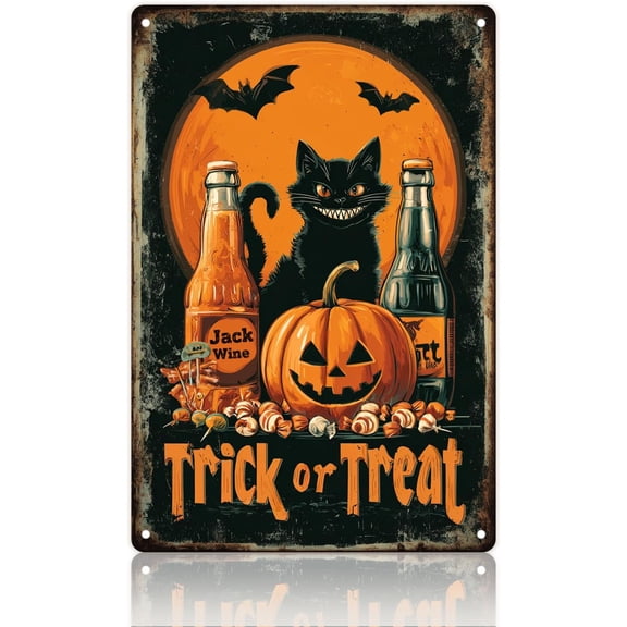Halloween Trick or Treat Wall Decor Aluminum Tin Plaque Vintage Style 8x12 Inch Sign