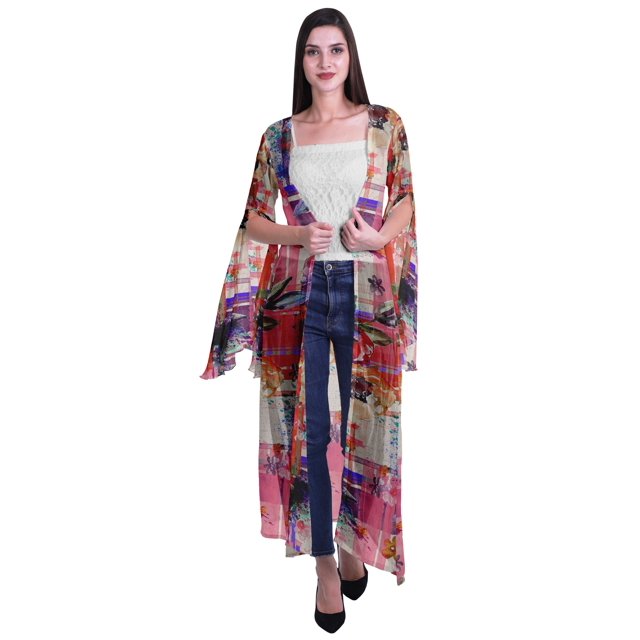 Moomaya Cardigan Long en Georgette de Viscose Imprimée à Manches Fendues pour Femmes