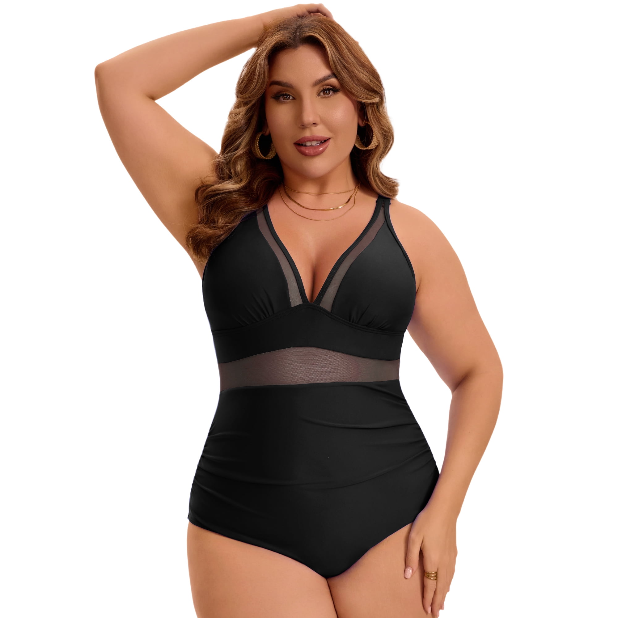 DARING DIVA Women's Plus Swimsuit Mesh V Neck Bathing Suit 4X Black