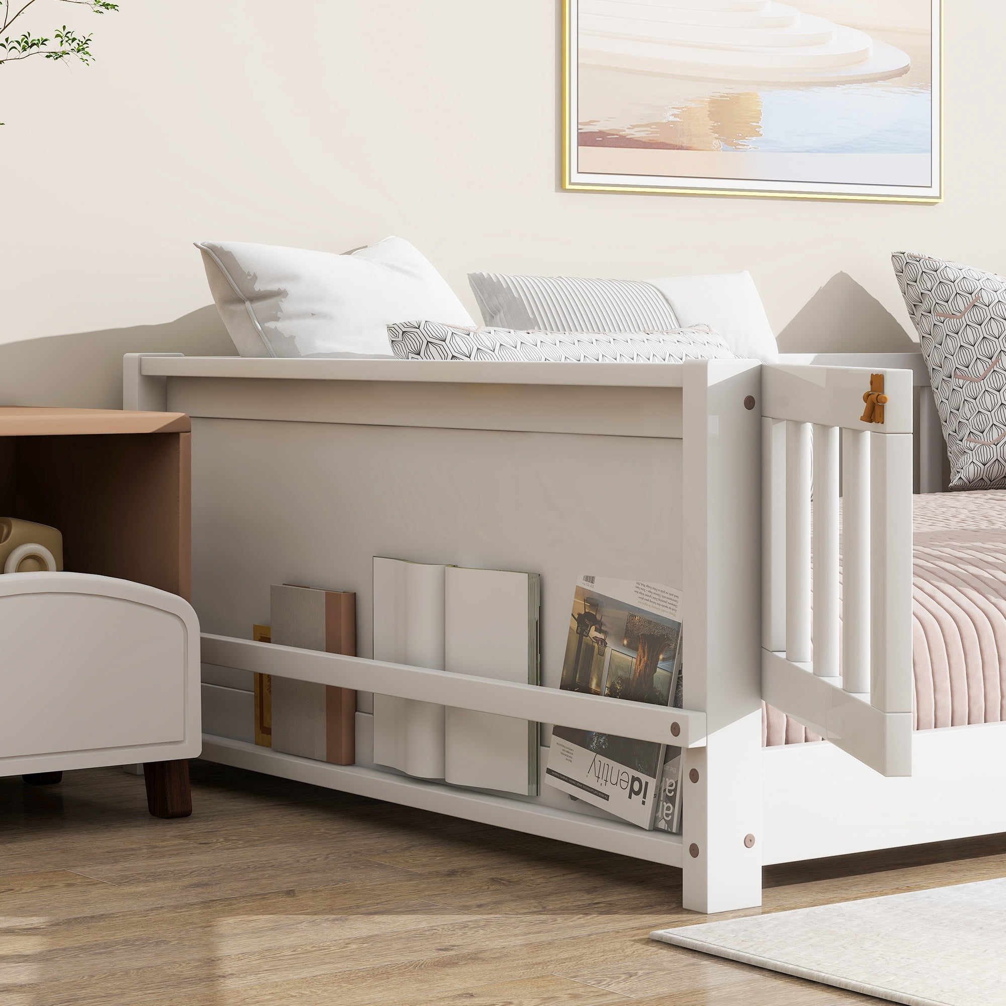 Alvantor Montessori Floor Bed Twin Size with Door for Kids, Toddler Wooden Platform Bed White