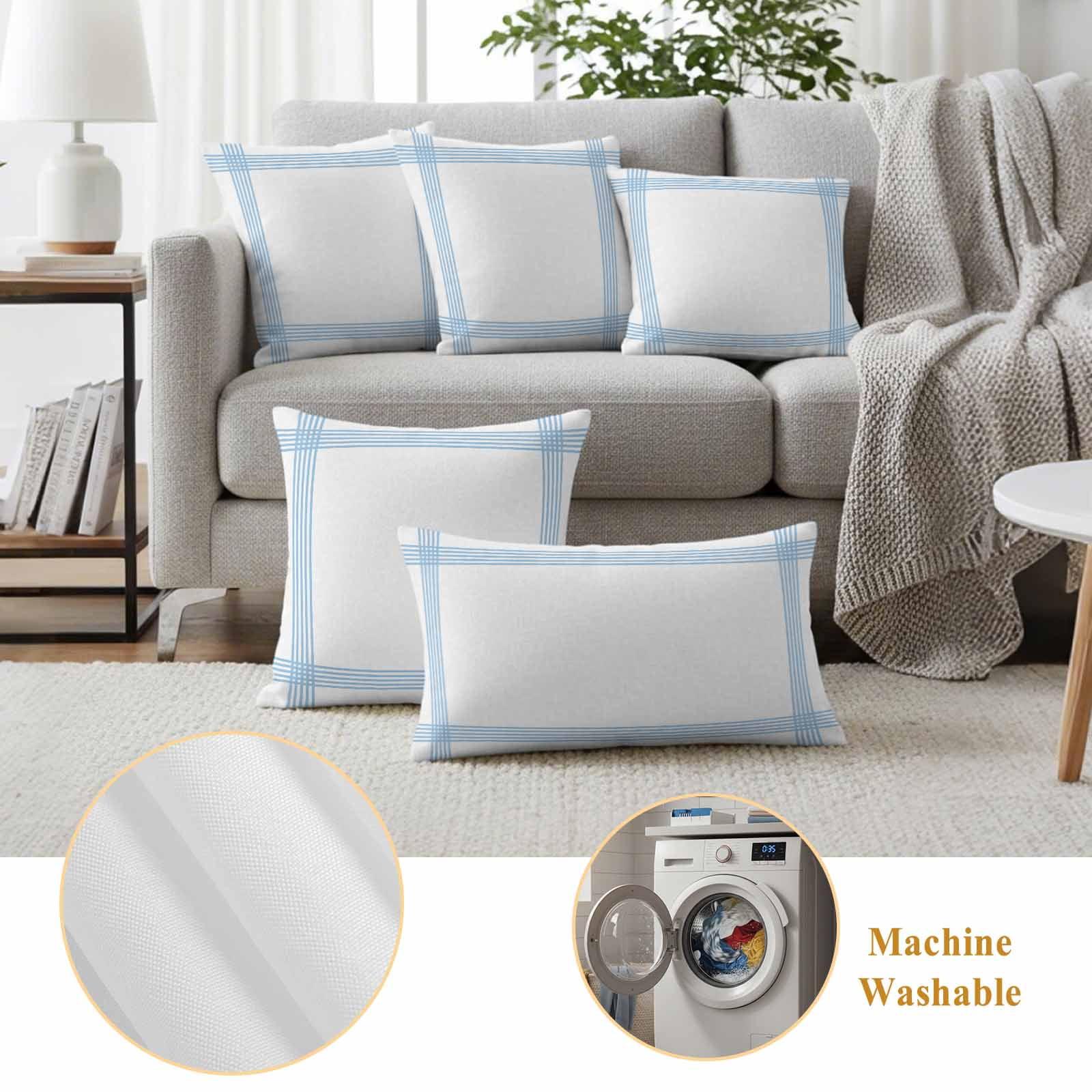Blue Striped Outdoor Waterproof Pillow Covers, Geometric Minimalist Watercolor White Decorative Square Throw Pillowcase Sofa Cushion Sham for Patio/Couch/Chair, 18"x18" 2 Pack