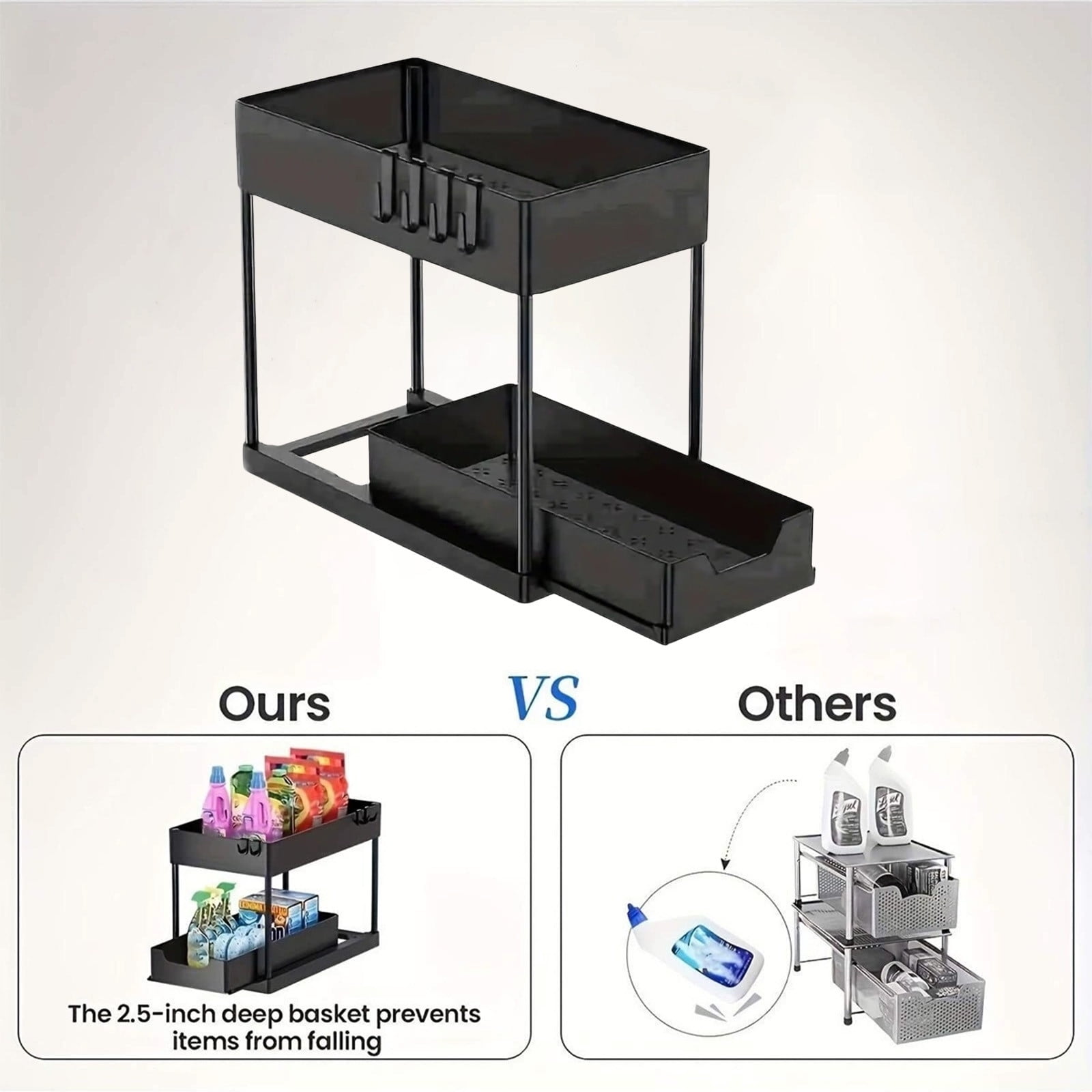 Under Sink Organizer and Storage Rack - Multipurpose Pull Out Cabinet Organizer for Bathroom Kitchen - Plastic Under Counter Shelf with Slide Out Drawer for Cleaning Supplies