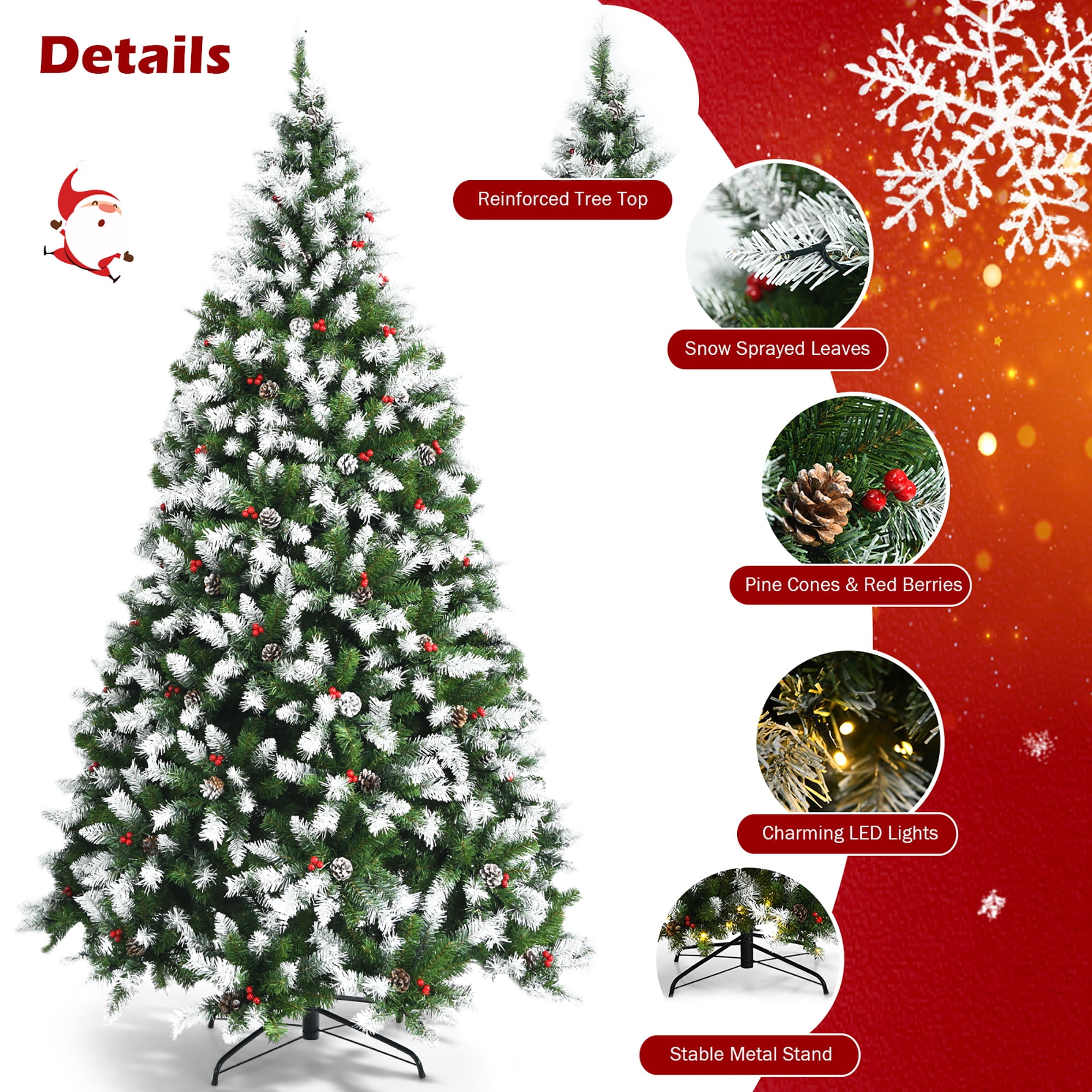 Costway 7.5ft Pre-lit Snowy Christmas Tree 1398 Tips with Pine Cones & Red Berries