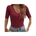 thumbnail image 1 of VISgogo Ladies Temperament Slim Knitwear, Primavera Verano Mujer Estilo de ocio Color sólido Cuello en V Manga corta Tops Camisa base VISgogo moda, 1 of 9