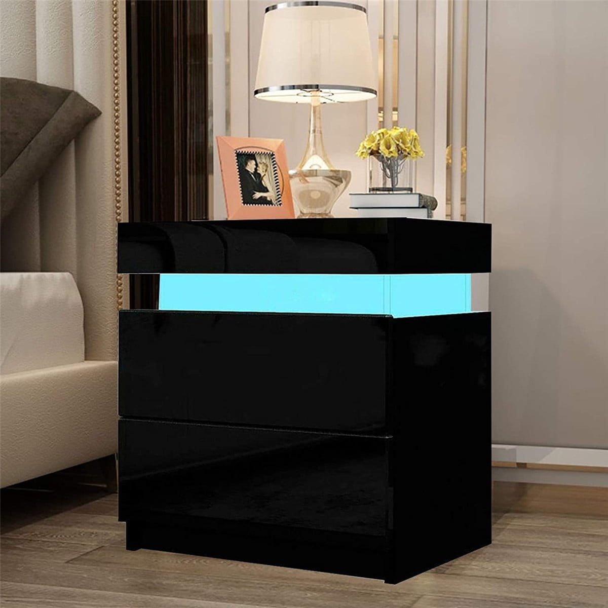 Details about   High Gloss Nightstand LED RGB Lighting 2 Drawer Modern Bedside End Table Bedroom 