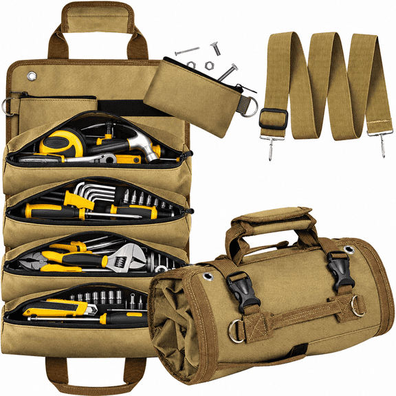 Tool Roll Up Bag, Heavy Duty Khaki Organizer with 2 Detachable Pouches & Shoulder Strap for Mechanics & Electrician