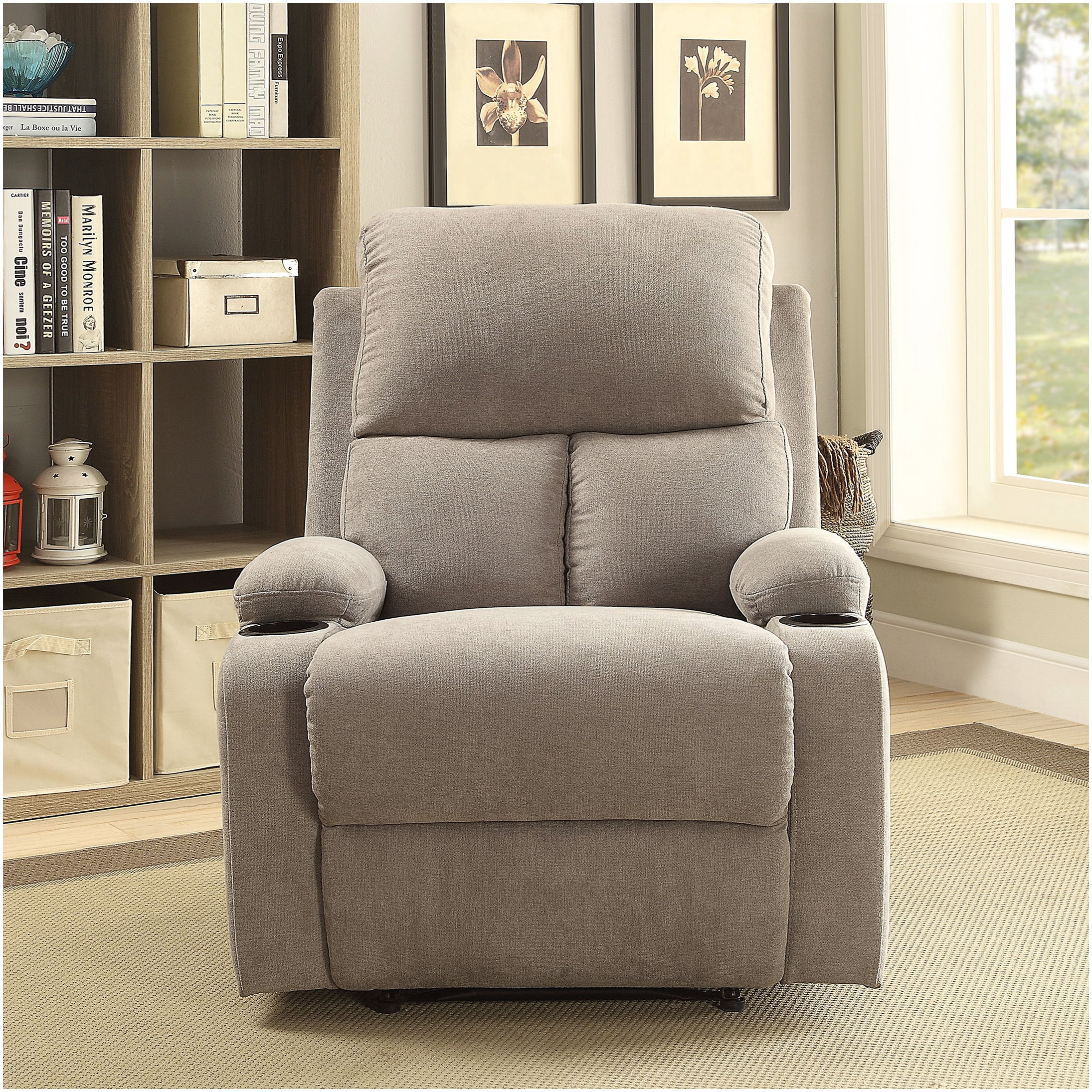 Gray Fabric Recliner Chair with Cup Holder and Smooth Motion Mechanism for Living Room