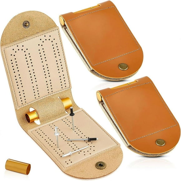 2 Sets Portable Cribbage Board Game Set Leather Travel Cribbage Board Travel Games Each Set with 4 Metal Cribbage Board Pegs, 1 Mini Cribbage Board, 2