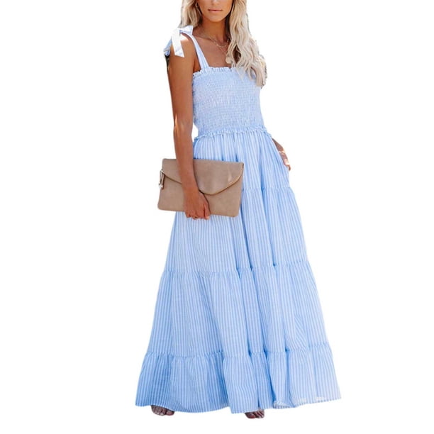 Txlixc Mujeres Verano Maxi Vestido Adultos Sexy Sin Mangas Tie-up Spaghetti Straps Rayas Vestido de Una Pieza Vacaciones Txlixc Estilo de ocio