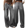thumbnail image 3 of Female Wide Straight Leg Mid Rise Baggy Pocket Denim Jeans Without Belt Gray L, 3 of 8
