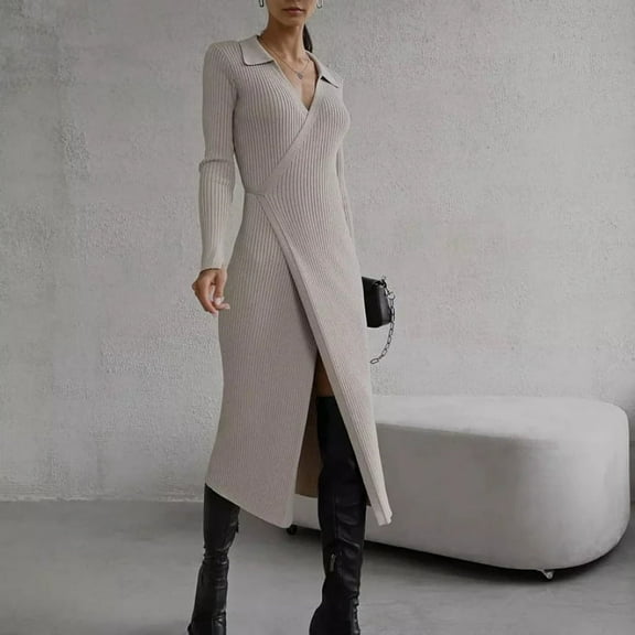 Ribbed-knit Wrap Midi Dress (S, AbbeyStoneBeige)
