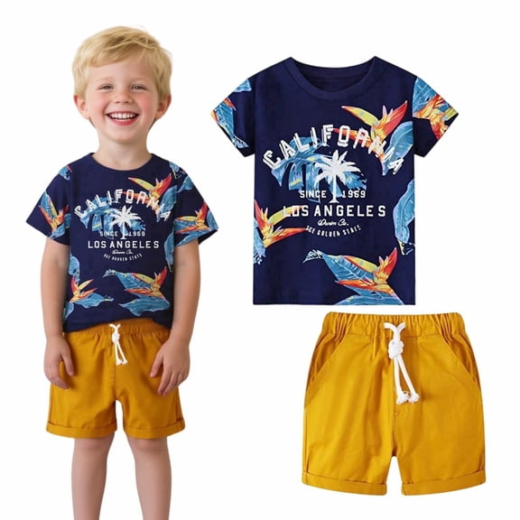 HILEELANG Toddler Boy Summer Short Sets Outfits Cotton CrewNeck Navy Blue Forest Short Sleeve Playwear Sets 4T