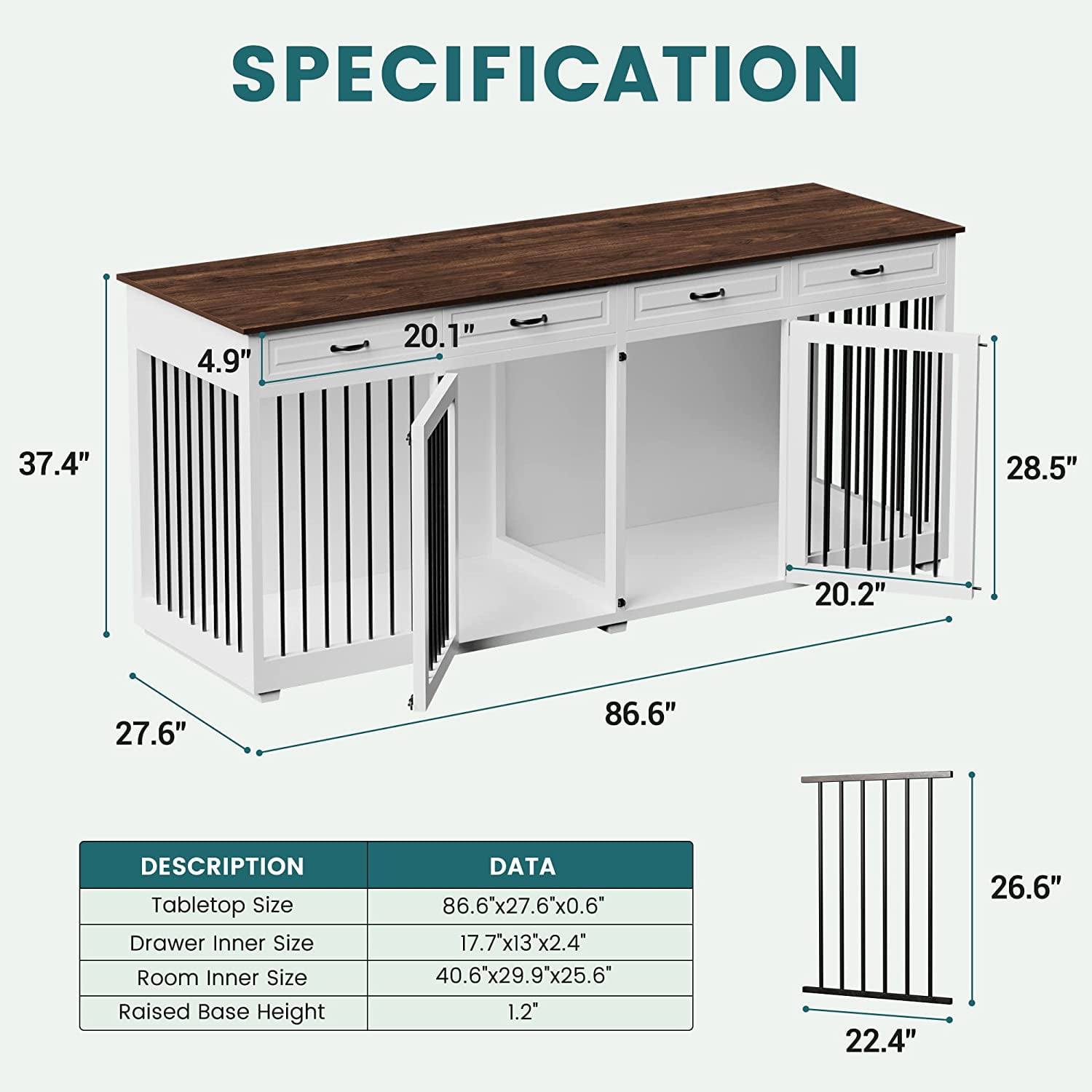 86.6" Large Dog Crate Furniture, Wooden Dog Kennel with 4 Drawers