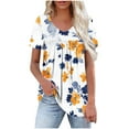 thumbnail image 2 of Tops for Women Short Sleeved V-Neck Floral Print Pleated Casual Summer Blouse Yellow M, 2 of 6