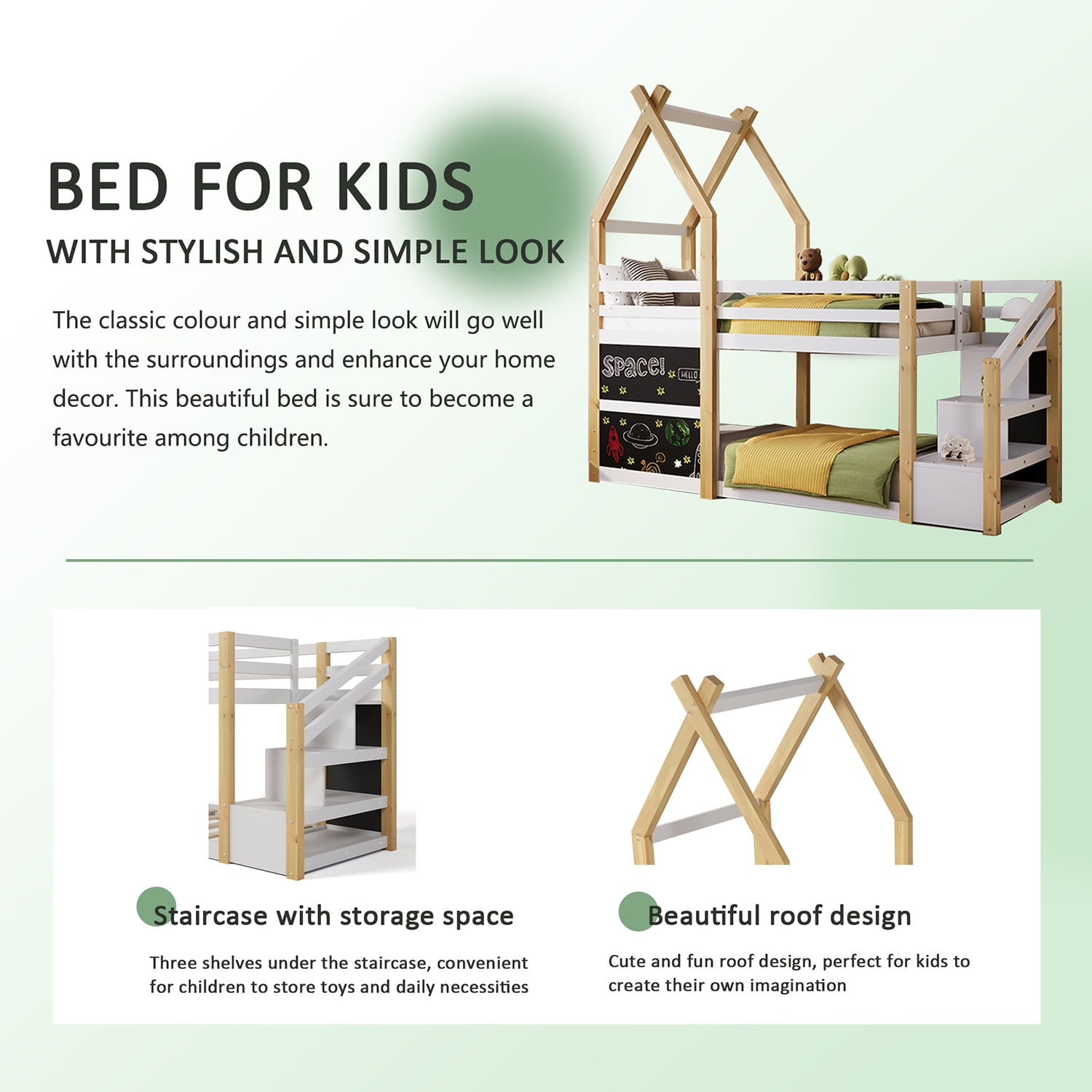 Spaco Bunk Bed Frame with Storage Stairs, House Bunk Bed Twin Over Twin for Boys Girls, Kids, White and Natural Spaco Bunk Bed Frame with Storage Stairs, House Bunk Bed Twin Over Twin for Boys Girls, Kids, White and Natural