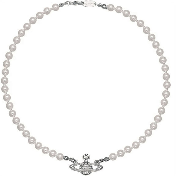 Silver Saturn Pearl Choker, Pearl Bead Crystal Rhinestone Saturn Planet
