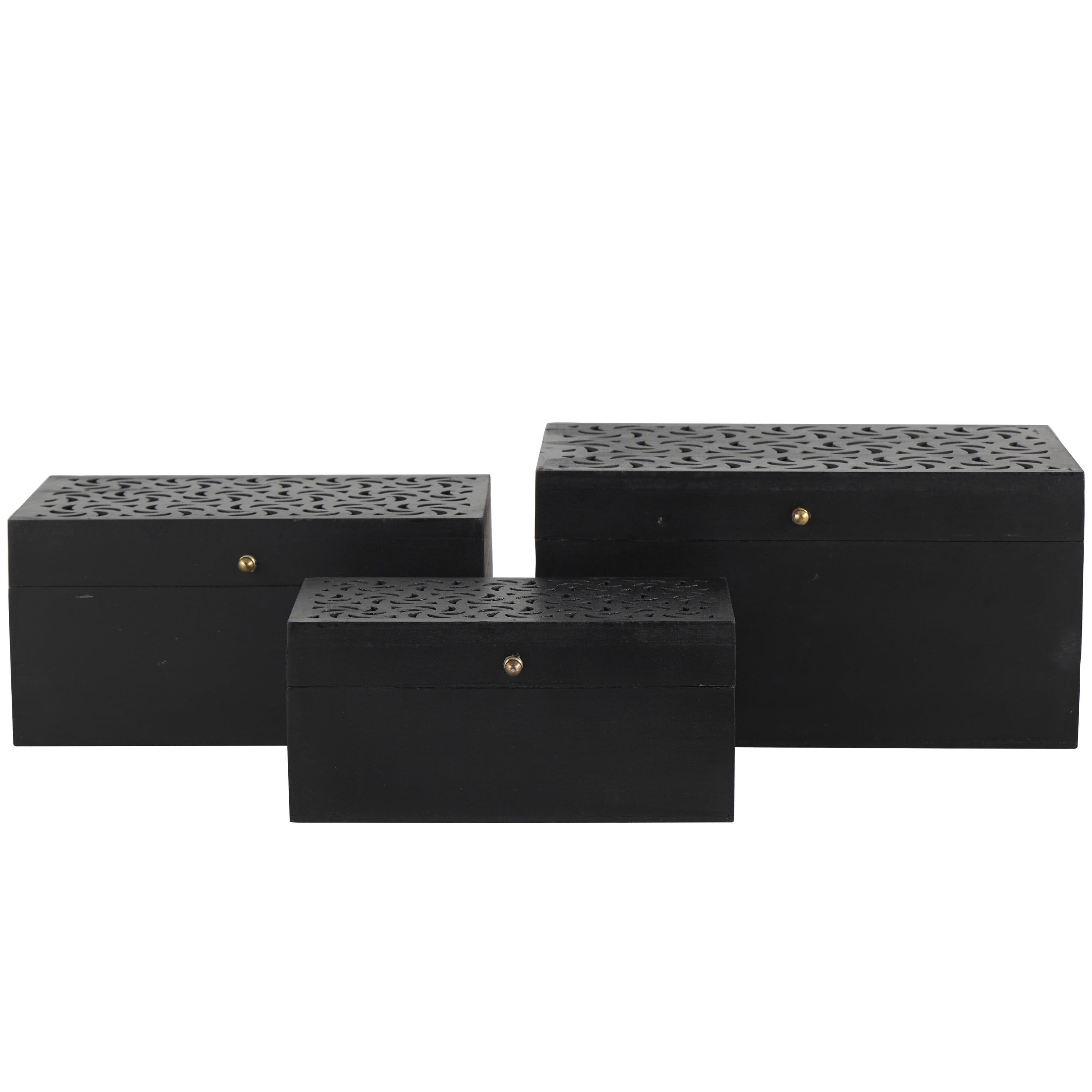DecMode Intricate Carved Black Wood Decorative Box with Hinged Lid, 3 Count