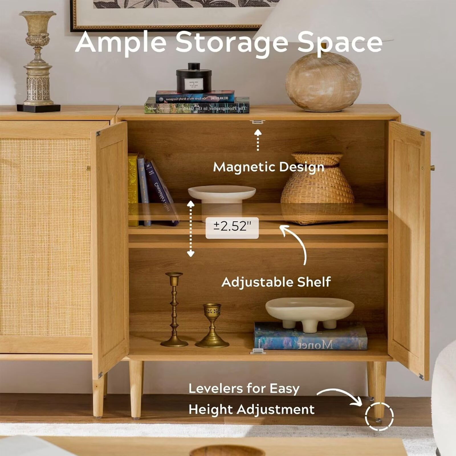 EYYTHUNG Storage Cabinet Set of 3 with Rattan Doors, Farmhouse Sideboard Cabinet Accent, Natural Oak