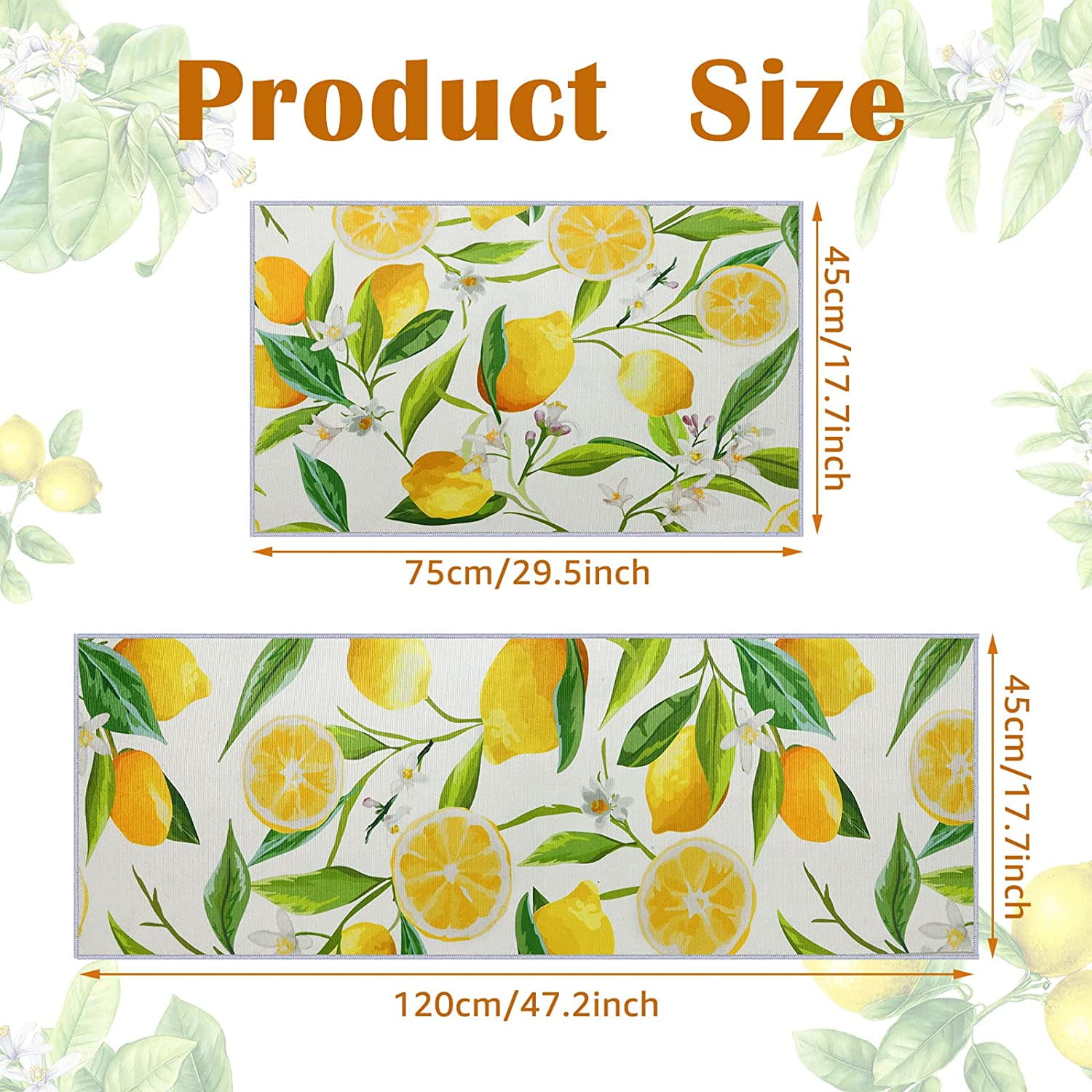 2 Pieces Lemon Kitchen Rugs Set Farmhouse Kitchen Rugs Fruit Runner Rugs Non Slip Rubber Backing Area Rug Lemon Doormat Washable Indoor Outdoor Mats Country Kitchen Decor, 17'' x 30'', 17''x 47''