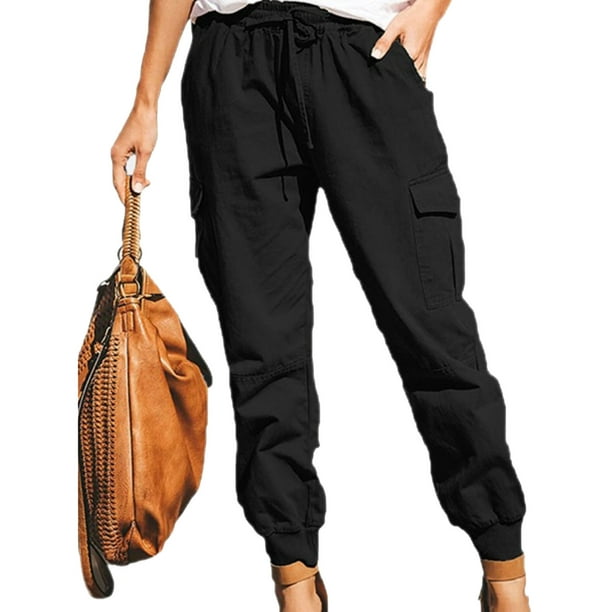 Plus Size Cargo Pants for Women Drawstring High Waisted Cargos with Multi  Pockets Solid Pencil Trousers 