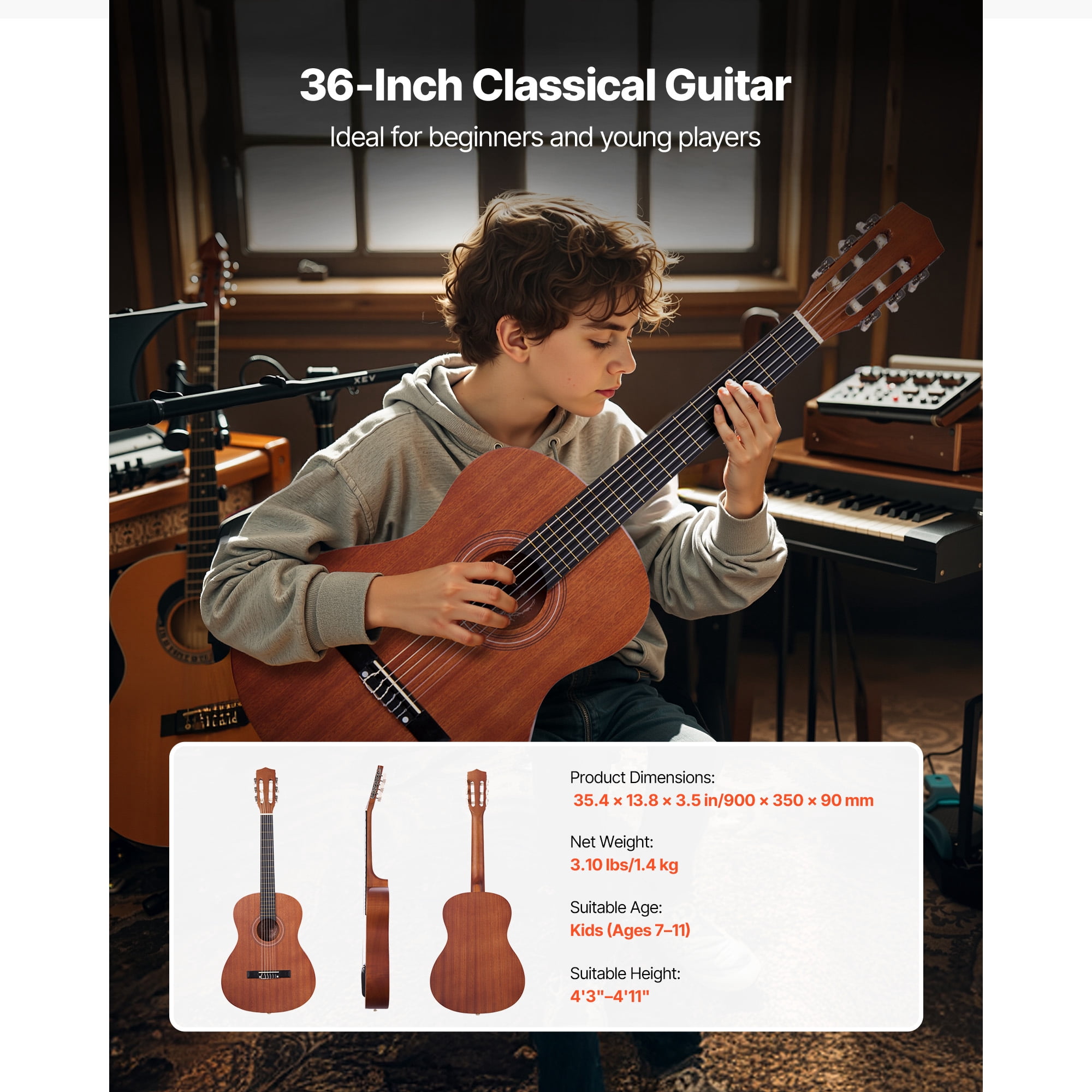 KFFKFF 36-Inch Classical Guitar, Wooden Acoustic Guitar Starter Set for Beginners, Includes Nylon Strings, Carrying Bag, Strap, Tuner, Spare Strings, Picks, and Capo, Sapele & Rosewood Build