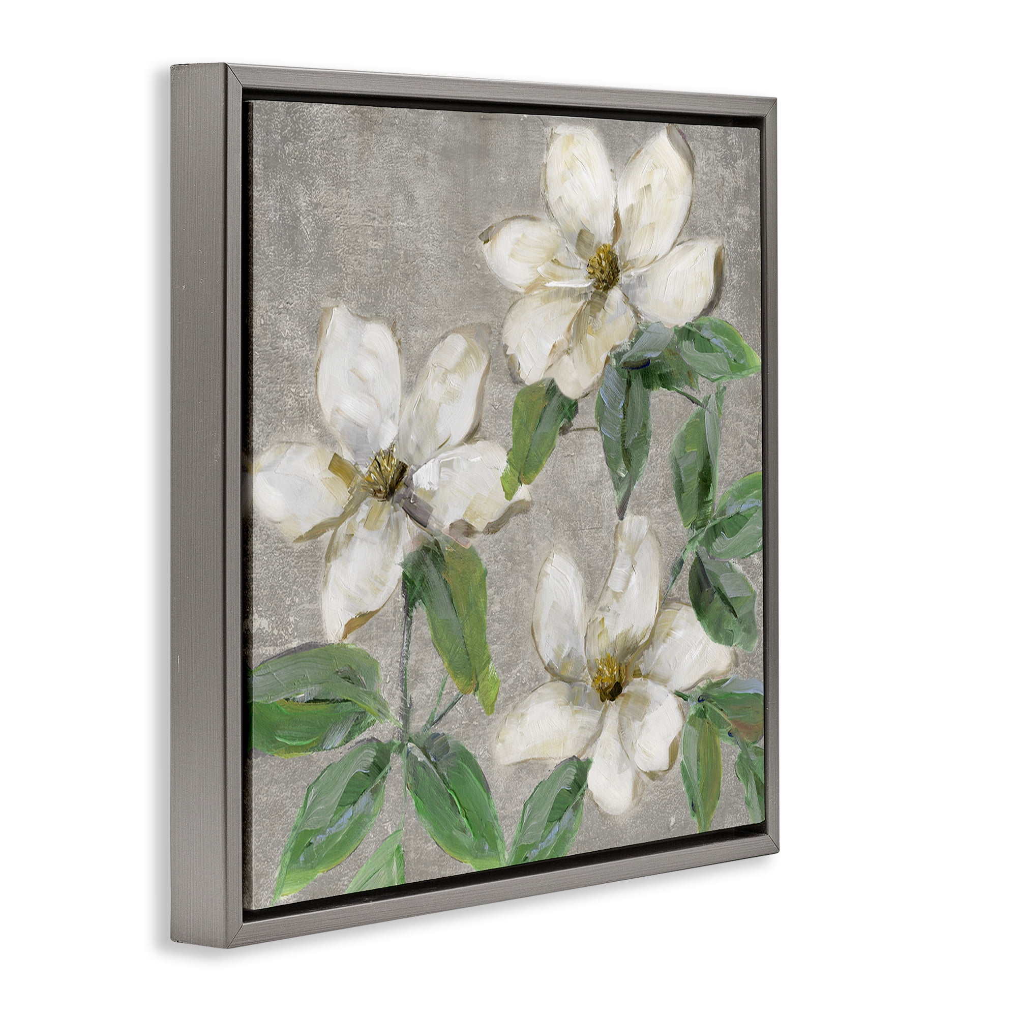 Stupell Industries Ivory Magnolia Trio Gray Framed Floater Canvas Wall Art, design by Sally Swatland