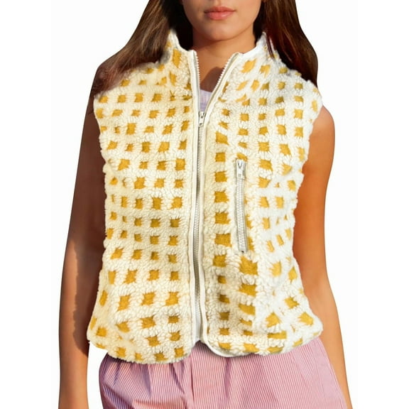 Women Checkered Vest Sleeveless Winter Fleece Jacket High Neck Zip Up Plaid Gilet with Chest Pocket Yellow XL