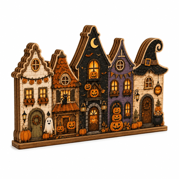 Halloween Wooden Block Village, Spooky Ghost Pumpkin House Shelf Sitter, Fall Table Decor, Witch Cat Tiered Decor,Halloween Gift