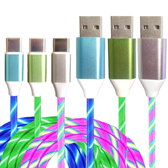 3 Pack USB C Charging Cable Led Light Up Type C Charger Fast USB-C to USB-A Charge Cord Compatible with Smart Phones and Most Type C Device(3.3FT,Blue Colorful Green)