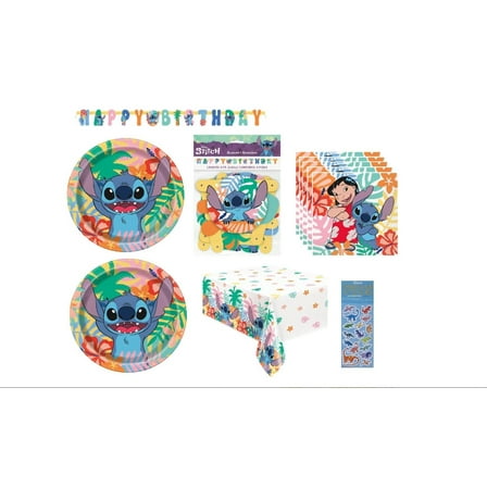 Lilo and Stitch Birthday Party Supplies Bundle includes 16 Dessert Cake Paper Plates 7", 16 Paper Napkins, 1 Plastic Table Cover, 1 Happy Birthday Banner, 1 Dinosaur Sticker Sheet