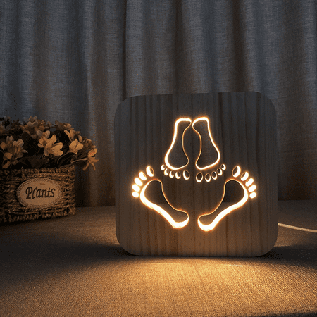 

Light Bulb Night Light For Footprint Wooden 3D Lamp Creative Wooden Lights Simple Decorative Lights 3D Wood Carving Pattern LED Night Light For Desk